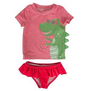 Carter's Girls Striped Dinosaur 2 Piece Swimsuit Rashguard Size 3T